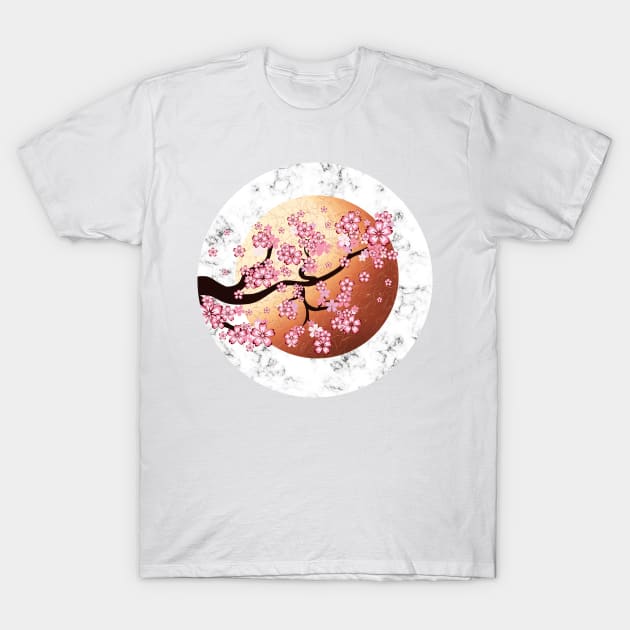 Blooming Sakura Branch on rose gold sun T-Shirt by AnnArtshock